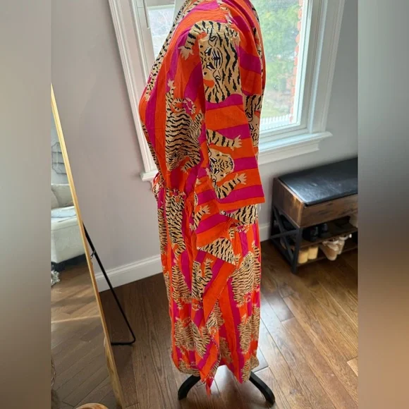 Vibrant Tiger Print Orange  Kaftan Dress One Size - Picture 5 of 6